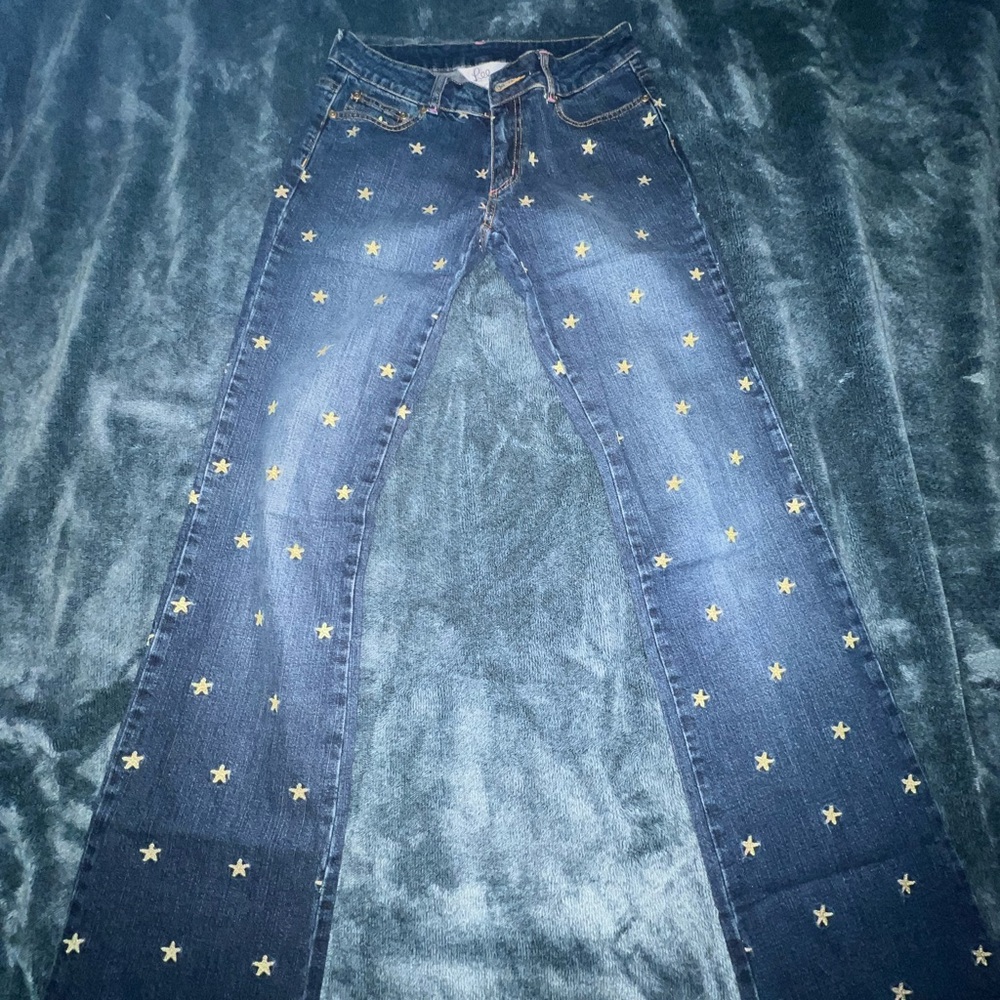Lilly Pulitzer Blue and Yellow Flare Jeans with Playful Design